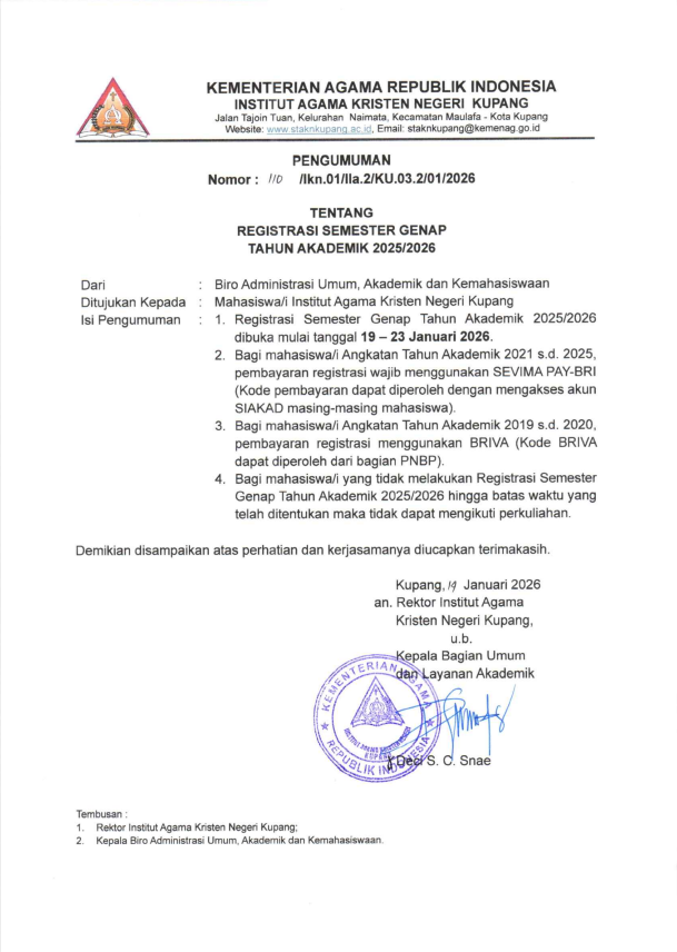 PENGUMUMAN REGISTRASI SEMESTER GENAP TAHUN AKADEMIK 2025/2026