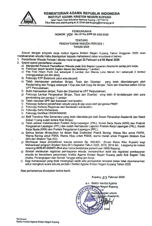 PENGUMUMAN PENDAFTARAN WISUDA PERIODE I TAHUN 2026