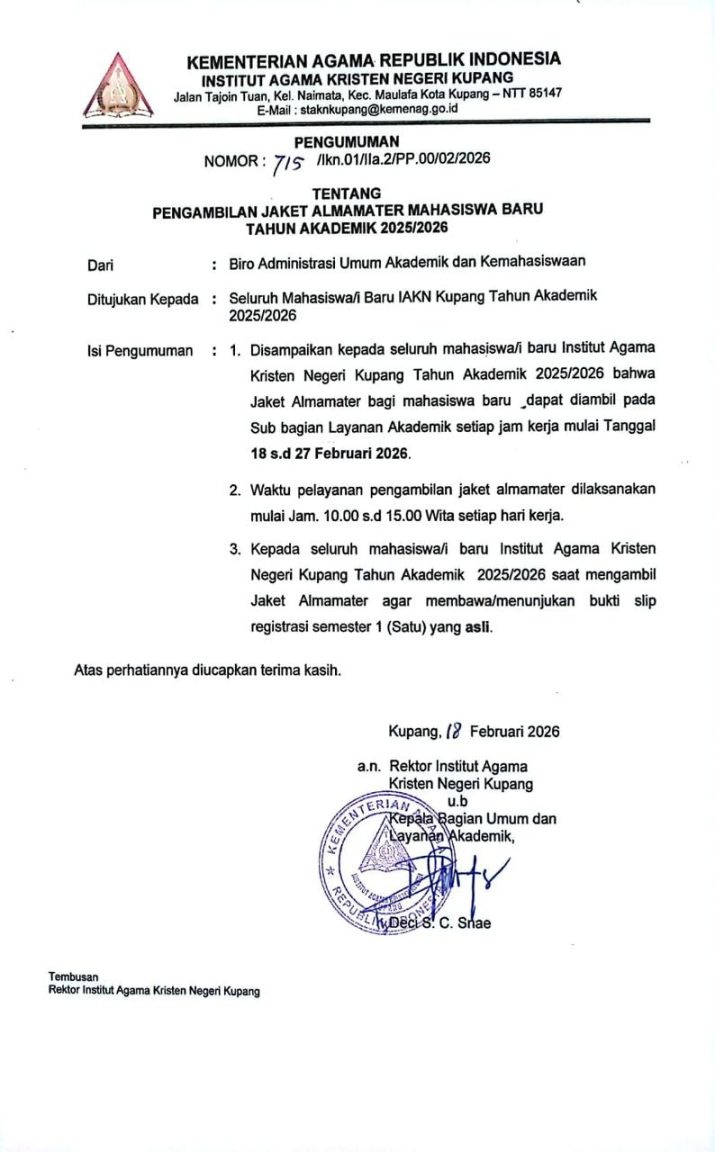 PENGUMUMAN PENGAMBILAN JAKET ALMAMATER MAHASISWA BARU TAHUN AKADEMIK 2025/2026