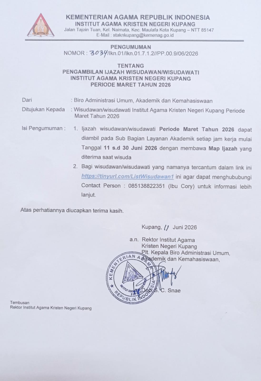 PENGUMUMAN PENGAMBILAN IJAZAH WISUDAWAN/WISUDAWATI IAKN KUPANG PERIODE MARET 2026