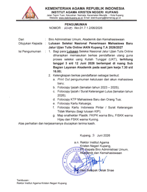 PENGUMUMAN DAFTAR ULANG LULUSAN PMB SELNAS JALUR UJIAN TULIS ONLINE