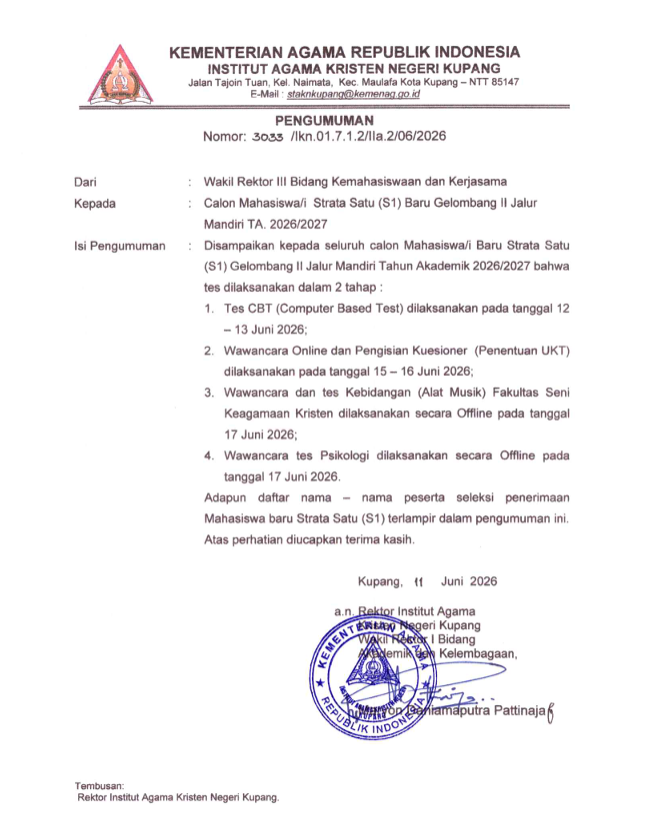 PENGUMUMAN JADWAL CBT, WAWANCARA DAN TES KEBIDANGAN PMB MANDIRI REGULER 2026 IAKN KUPANG