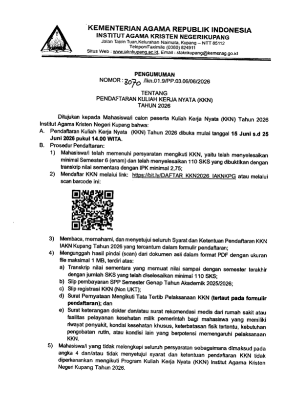 PENGUMUMAN PEMBUKAAN PENDAFTARAN KULIAH KERJA NYATA (KKN) TAHUN 2026