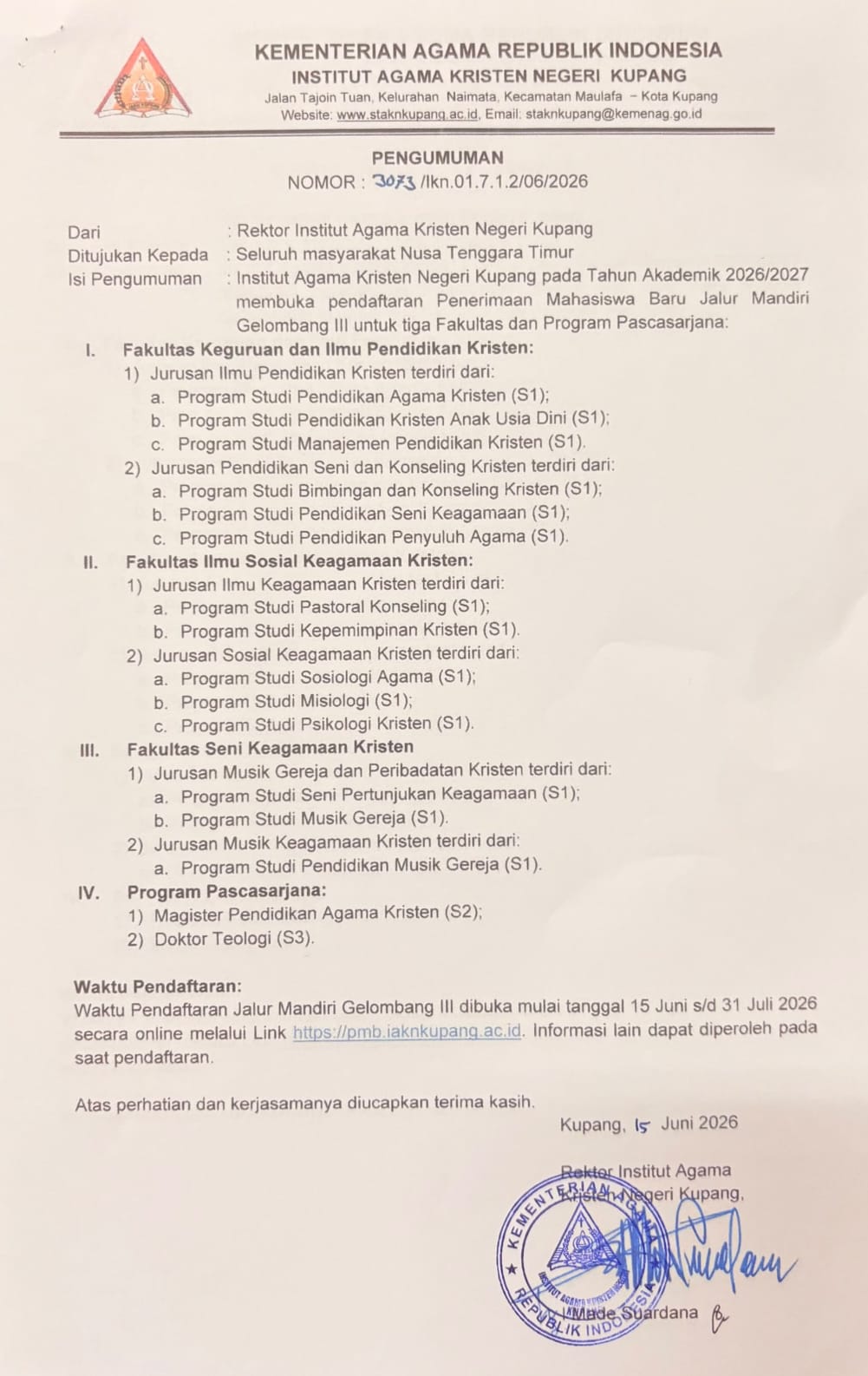 PEMBUKAAN PENERIMAAN MAHASISWA BARU JALUR MANDIRI GELOMBANG III