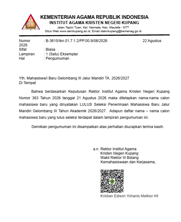 PENGUMUMAN KELULUSAN MABA JALUR MANDIRI GELOMBANG III TA. 2026/2027