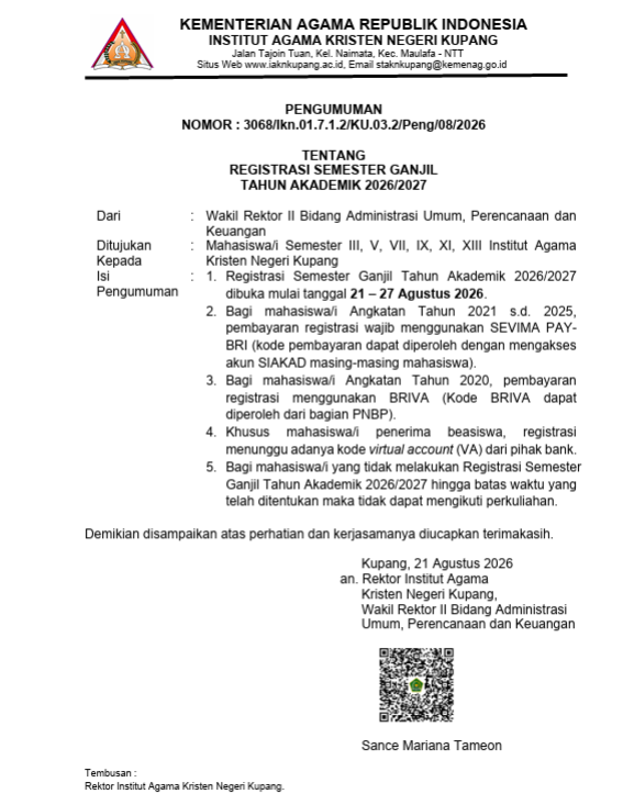 PENGUMUMAN REGIS SEMESTER GANJIL TA. 2026/2027